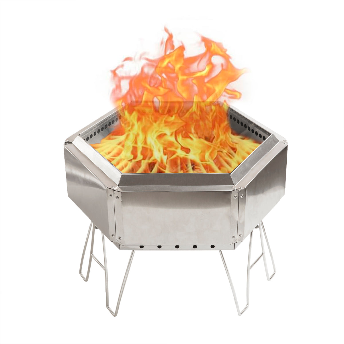 15" Portable Stainless Steel Fire Pit for Camping, Hexagon Smokeless Bonfire Wood Fireplace