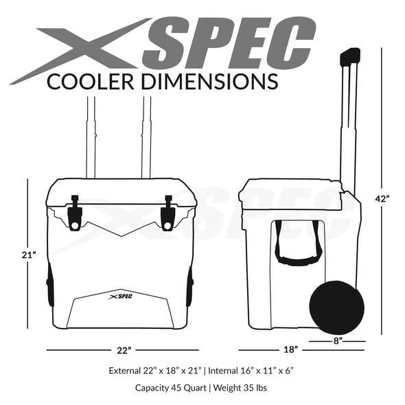 Xspec 45 Quart Towable Roto Molded Ice Chest Outdoor Camping Cooler with Wheels, Grey (CL_XSP503812) - Alt Image 3