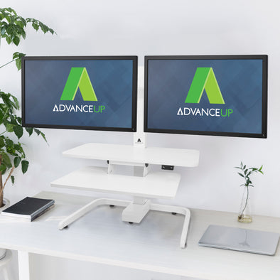 AdvanceUp Electric Automatic Standing Desk Converter Riser with Dual Monitor Mount, White (CL_ADV503606) - Main Image