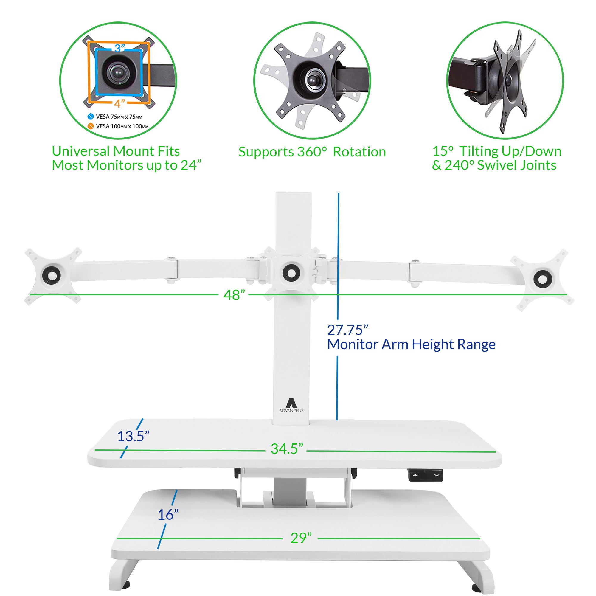 Automatic Riser Stand AdvanceUp Electric Automatic Standing Desk Converter Riser with Triple ...