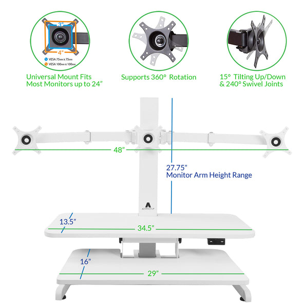 AdvanceUp Electric Automatic Standing Desk Converter Riser with Triple Monitor Mount, White (CL_ADV503608) - Alt Image 3