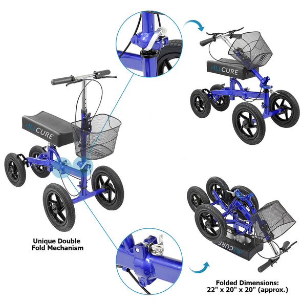 AllCure Quad Wheel All Terrain Foldable Medical Steerable Knee Walker Scooter Crutch Alternative, Blue (CL_ALC401133) - Alt Image 2