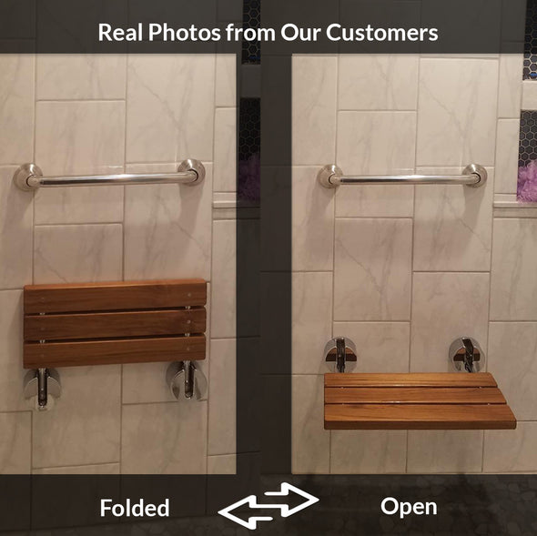 Home Aesthetics 20" Teak Wood Folding Wall Mounted Shower Seat Bench Modern Clear Coated Medical (CL_HOM501102) - Alt Image 3