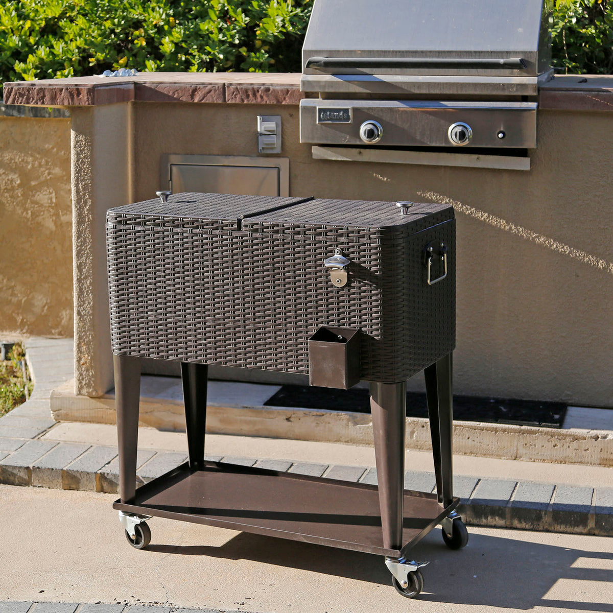80 Quart Qt Rolling Cooler Ice Chest  Beverage Cart, Dark Brown Wicker Faux Rattan Ice Tub Trolley