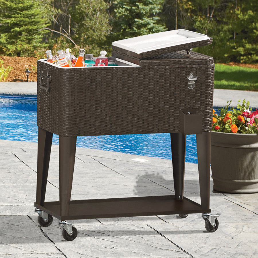 80 Quart Qt Rolling Cooler Ice Chest Beverage Cart, Dark Brown