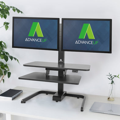 AdvanceUp Electric Automatic Standing Desk Converter Riser with Dual Monitor Mount, Black (CL_ADV503605) - Main Image