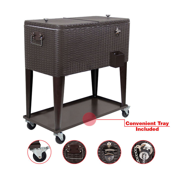 Home Aesthetics 80 Quart Qt Rolling Cooler Ice Chest  Beverage Cart, Dark Brown Wicker Faux Rattan Ice Tub Trolley (CL_HOM502902) - Alt Image 3